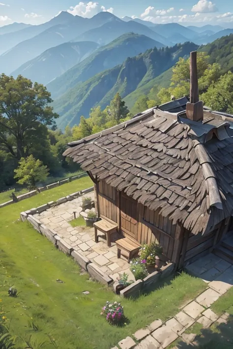 Slavic smithy gih up on the mountain, thatched roof, smithy, forge