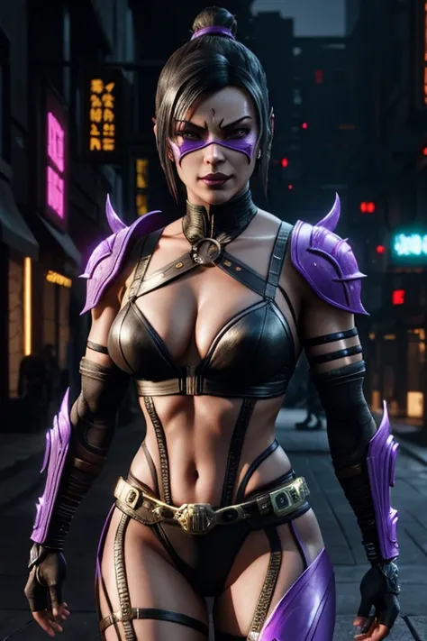 Mortal Kombat Mileena, cyberpunk, outdoor, street, purple, hyperrealism, photorealistic, 8k, unreal engine, 3d render --ar 9:16 --niji 5 --style expressive --s 400