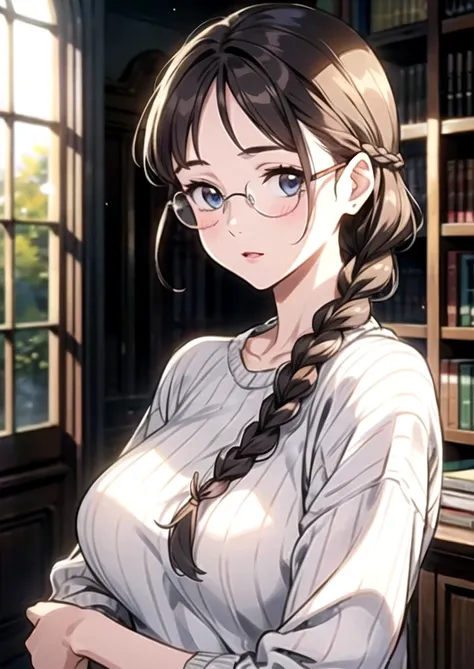 (masterpiece:1.2, highest quality), beautiful illustrations, (natural side lighting, movie lighting), looking at the viewer, 1 female, solo、Female college student、Upper body、off-white knit sweater、big breasts、dark brown hair、Delicate and gentle eyes、droopy...