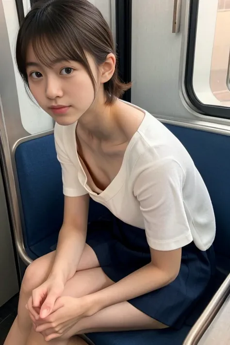 highest quality, ultra high resolution, highly detailed skin, Physically based rendering,down shirt, look down,(14 years old),cute、idol face、(japanese girl),(Sitting in your seat),smartphoneを見ている, modest bra, white button shirt, (small breasts), sensual, (...