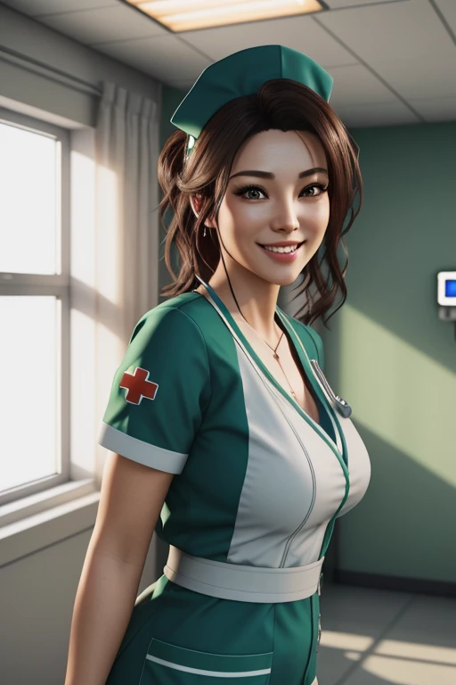 a sexy nurse, cute face, a great smile, realistic, indoor, hospital, green, hyperrealism, photorealistic, 8k, unreal engine, 3d render --ar 9:16 --niji 5 --style expressive --s 400