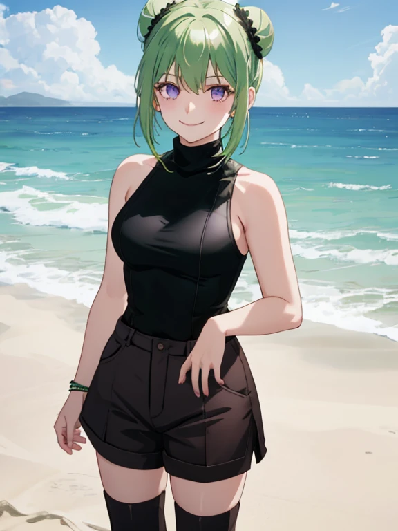 (highres), (best quality),1 girl, alone, medium hair, pastel green hair, twin buns, villain smile, violet eyes, round black sunglasses on head, beach, black sleeveless turtleneck top, green shorts, dark brown boots