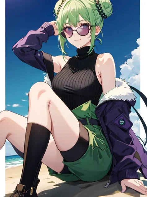 (highres), (best quality),1 girl, alone, medium hair, pastel green hair, twin buns, villain smile, violet eyes, round black sunglasses on head, beach, black sleeveless turtleneck top, green shorts, dark brown boots