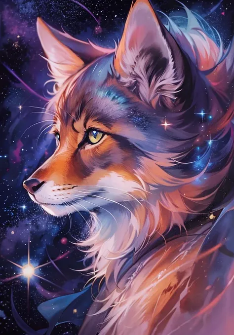 portrait of (cloak) in space, color of the universe, spectacular watercolor style, (looking to the side:1.1), furry, (alone:1.1),