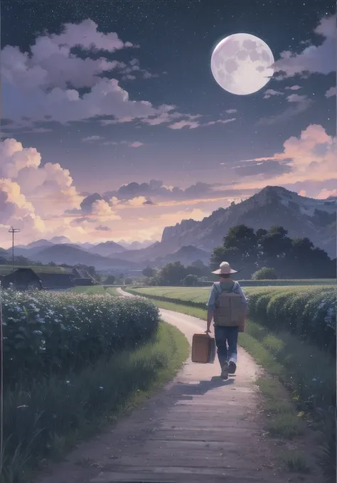 old farmer carrying a flat load, walking along winding path in countryside, big moon, Jupiter is reflected, big cloud, blue sky, Paddy field, Paddy fieldのきれいな稲の苗, forest, hillside, in the middle of nowhere, countryside, HD detailed, hyper detail, movie, su...