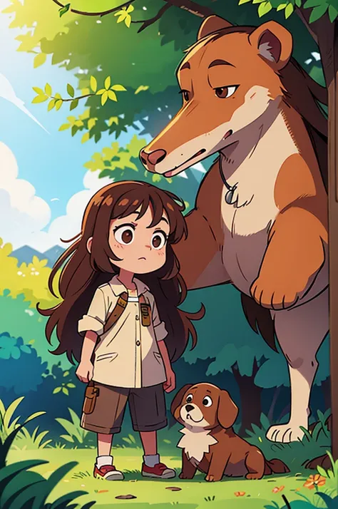  with long brown hair, dog nearby nature beautiful 