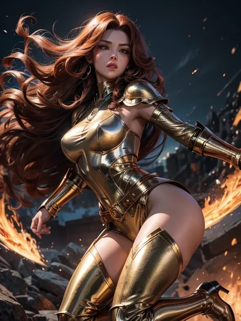 Best quality, 8K, action pose, woman vintage super hero, beautiful and detailed face, red curly long hair,big eyelashes,LOOKING TO observer,gold and silver metalic armour over bodystocking, SHINY GLOSSY PANTYHOSE,black belt,over the knee boots,white neutra...