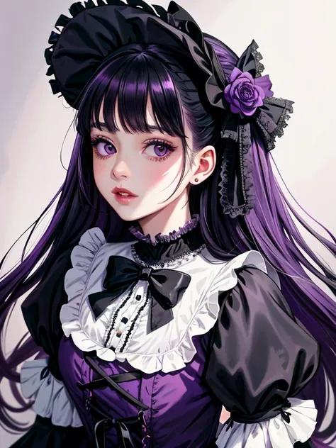 Alafe girl in purple dress and black and white accessories, Lolita style, victorian gothic lolita fashion, Belle Delphine, Lolita Fashion, Black and purple costume, Portrait of radical Lolita girl, frilly outfit, portrait of the magical Lolita girl, sakimi...