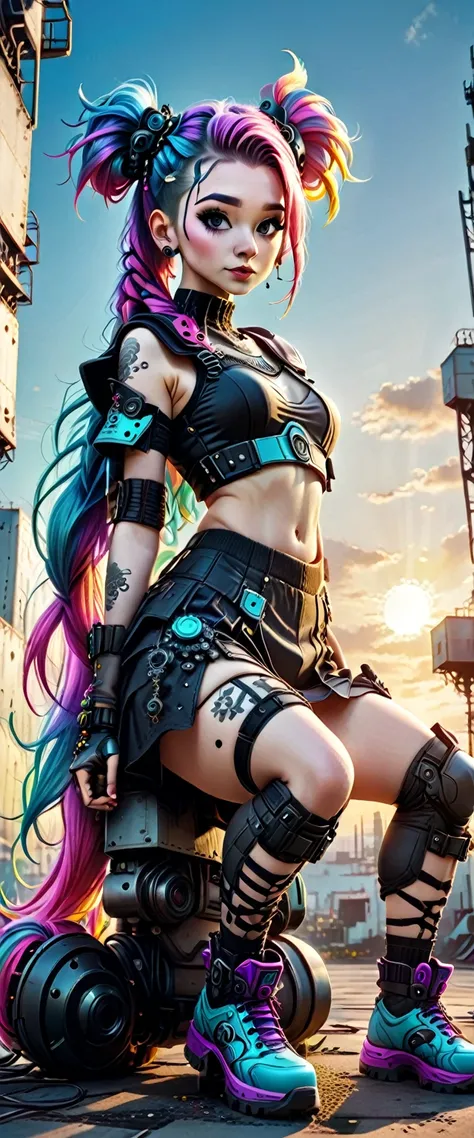 ((ultra wide angle x0.5:1.5, Bottom view of the camera, Pin on Cybergoth:1.5)), ((selfie:1.4, young beautiful woman crouching:1.3, Pin on Cybergoth, wearing Pin on Cybergoth clothes, various vibrant colors and decorations :1.3, dynamic pose)),((industrial ...