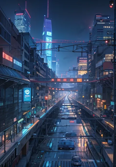 ((masterpiece)),((highest quality)),((high detail)),((realistic,)) future city, architecture street, futuristic railway line, cyber punk, building, night, european cities, Rainy, neon