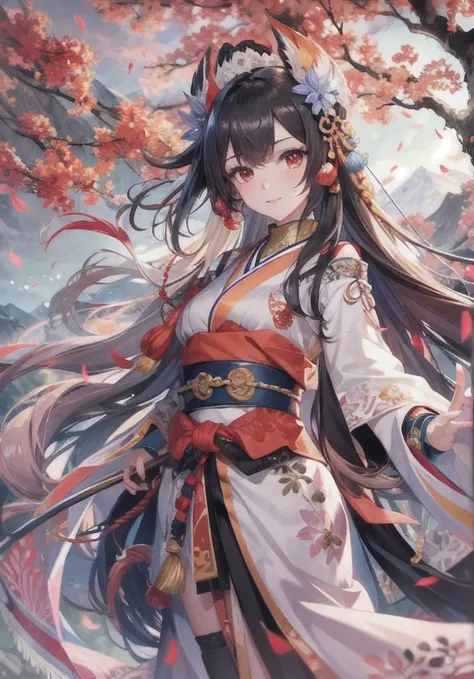 masterpiece, highest quality,1 girl, red bow, bow, long hair, hair bow, Ainu costumes, alone, hair band, bird, black hair, fingerless gloves, short sleeve, gloves, sash, pants, bangs, red hair band, arms, chest, brown eyes, white pants, kimono, confused, l...