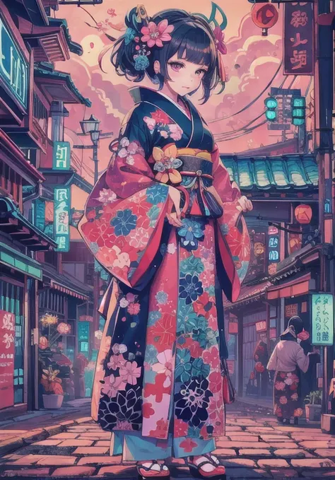 traditional japanese costume, Katsushika Hokusai Style, (cyber punk) (neon)