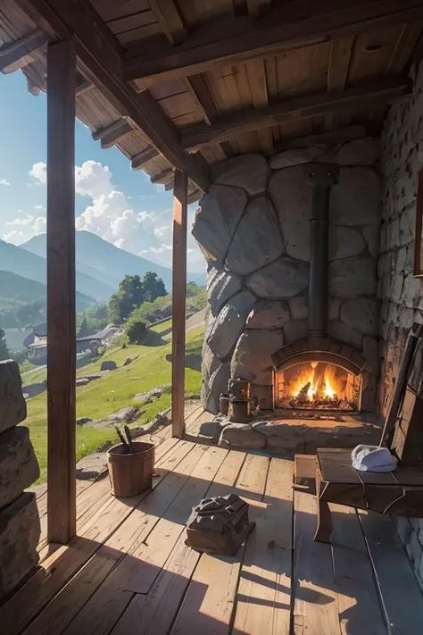 inside of a slavic smithy up on the mountain, thatched roof, smithy on a rocky cliff, professional blacksmithing equipment, anvi...