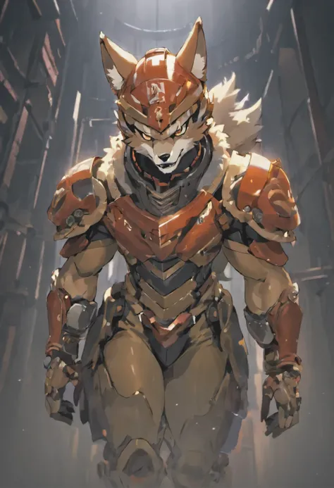 best quality, dramatic lighting, menacing pose, fierce expression, spectacular atmosphere, (((Helmet in the shape of a wolfs head))), (((full body shot))),wolf made of metal, cyborg, cyberpunk style, clockwork, ((intricate details)), HDR, ((intricate detai...