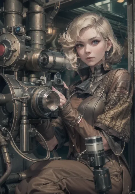 blonde woman, dressed as dieselpunk, モデルphotographスタイル, (Highly detailed CG 8k wallpaper unit), The most beautiful art pictures in the world, majestic professional (photograph：Steve McCurry), 8k uh, Digital single-lens reflex camera, soft lighting, high qu...