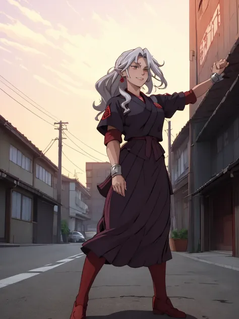 cartoon, sukeban illyasviel_von_einzbern, mature_female, silver hair, holding yoyo, combat pose, full body, flowing hair, hair between the eyes, asymmetrical hair, red eyes, delicate facial features, sukeban deka clothe, looking_at_viewer, outdoors, backgr...