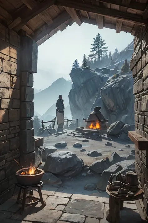 inside of a slavic smithy up on the mountain, thatched roof, smithy on a rocky cliff, blacksmithing equipment, ((big anvil)), (blacksmithing hammers), (tongs on the wall), smoldering coals in the forge