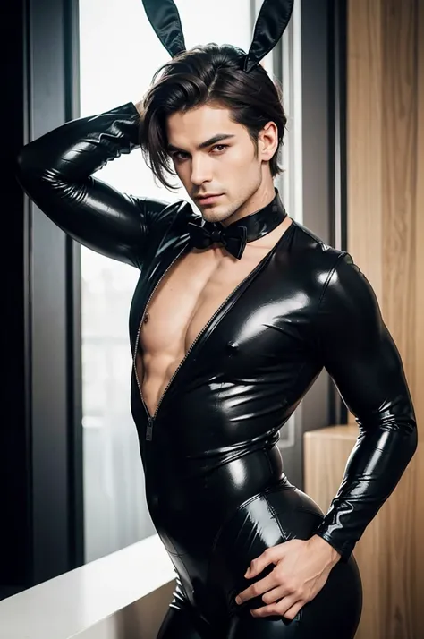 The image shows a man with a sensual and seductive appearance, wearing a tight black latex bunny suit. The suit highlights his contours and muscles, while its design evokes a mixture of playful and provocative. The man has a confident and provocative postu...