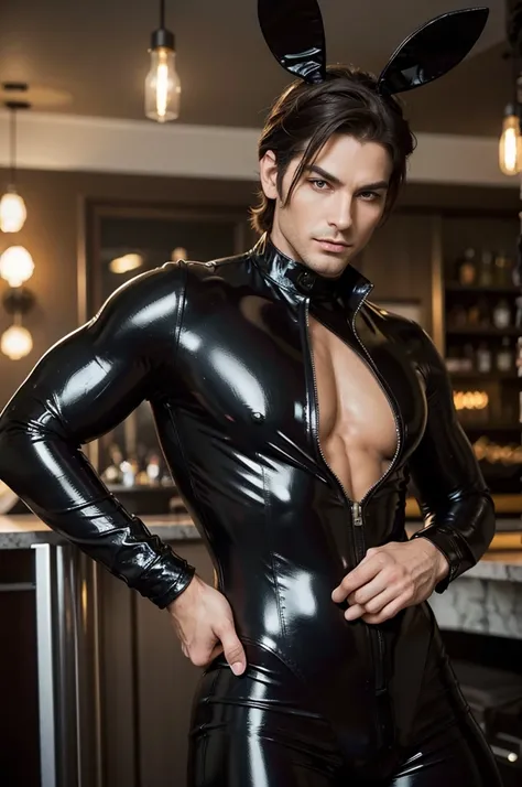 The image shows a man with a sensual and seductive appearance, wearing a tight black latex bunny suit. The suit highlights his contours and muscles, while its design evokes a mixture of playful and provocative. The man has a confident and provocative postu...