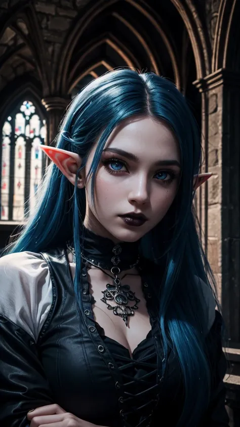 RAW, professional photograph, medium shot, photorealistic, hyper-realistic, ray tracing, super detail, UHD, 8k, female elf, twenty years old, athletic body, soft facial features, long hair, straight hair, blue hair, blue eyes, gothic style, gothic clothing...