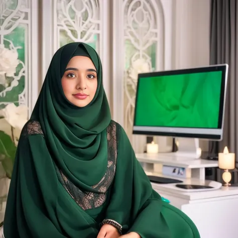 a woman in a green hijab sitting in front of a computer, in front of a computer, african ameera al taweel, medium shot portrait,...