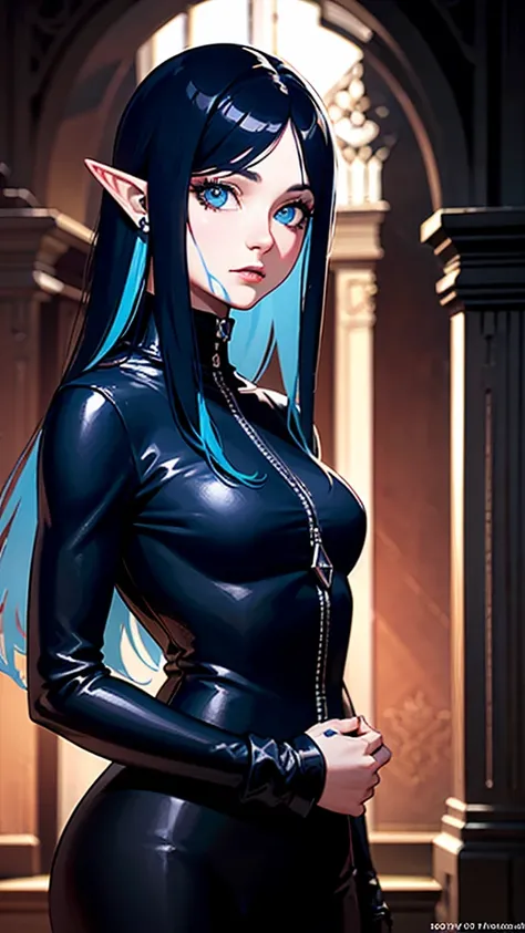 RAW, professional photograph, medium shot, photorealistic, hyper-realistic, ray tracing, super detail, UHD, 8k, female elf, twenty years old, athletic body, soft facial features, long hair, straight hair, blue hair, blue eyes, gothic style, gothic clothing...