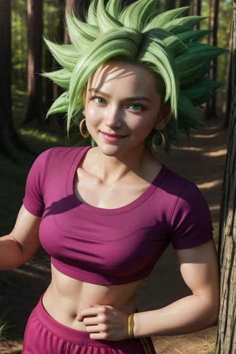 keflassj, 1girl, solo, aqua eyes, green hair, spiked hair, super saiyan, super saiyan 1, green earrings,
midriff, pink top, short sleeves, crop top, short sleeves, purple pants, gold vambraces, skin tight,
smile,closed mouth,cowboy shot,
forest,outdoor,
(i...