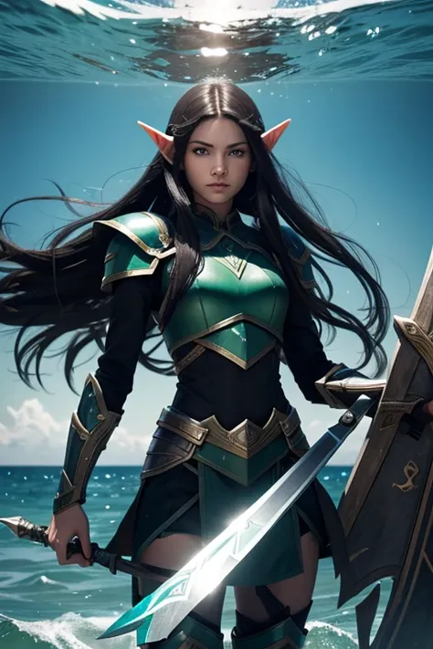 
Young elf with long black hair, green eyes, ocean blue armor, holding a smart blades on a sunken plain