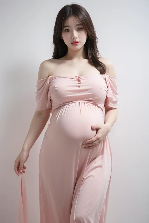 A pregnant woman，pregnant，The belly is very big，10 months pregnant，pretty face，slim body，long hair，Wearing an off-shoulder pink transparent dress。