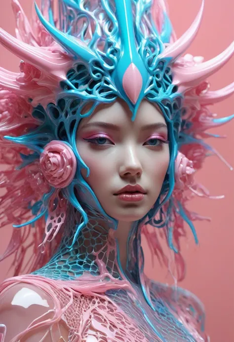 epic 3 d abstract sculpture, perlin mesh liquid headdress, 2 0 mm, with pastel pink and cerulean hextech bursting, melting smoothly into other faces, liquid, delicate, beautiful, intricate, houdini sidefx, trending on artstation, by jeremy mann and ilya ku...