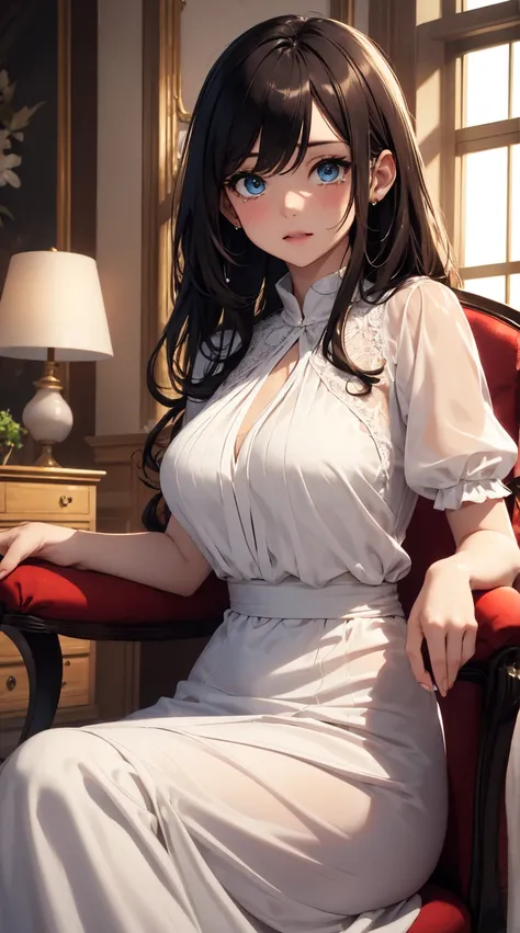 masterpiece,8k,high quality,full body:1.7,clean blue eyes,open red mouth,red tiek,crying cuty face,biggest large brest,tight west,very sparking clothes,biggest large brest,a close up of a woman sitting on a chair wearing a white dress, wearing white silk, ...