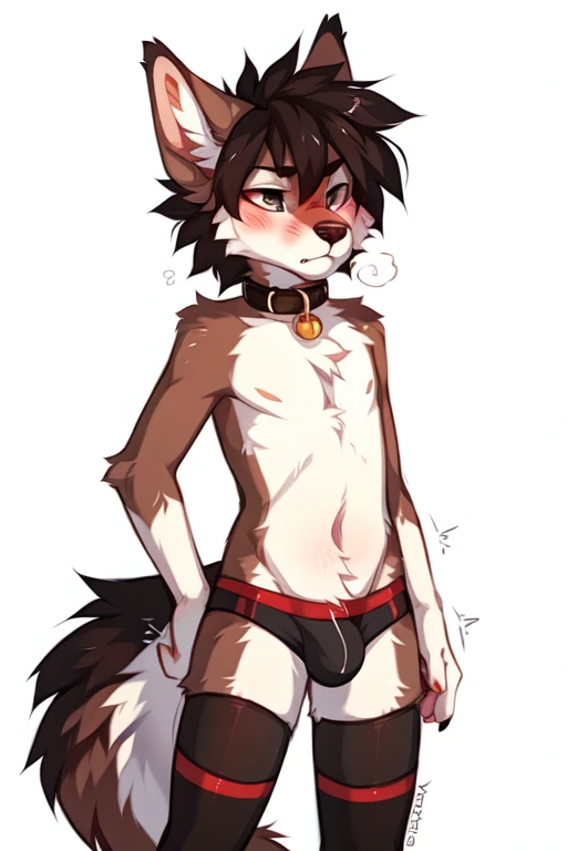 full body，No background, white background, ((by keihound, by reysi)), by Zackary911, by hyattlen, by fumiko, by fluff-kevlar, Furry, Anthro, ((cum)), ((loose collar)), ((teen)), ((twink)), ((small)), ((bored eyes)), ((annoyed expression)), ((blushing)), ((...