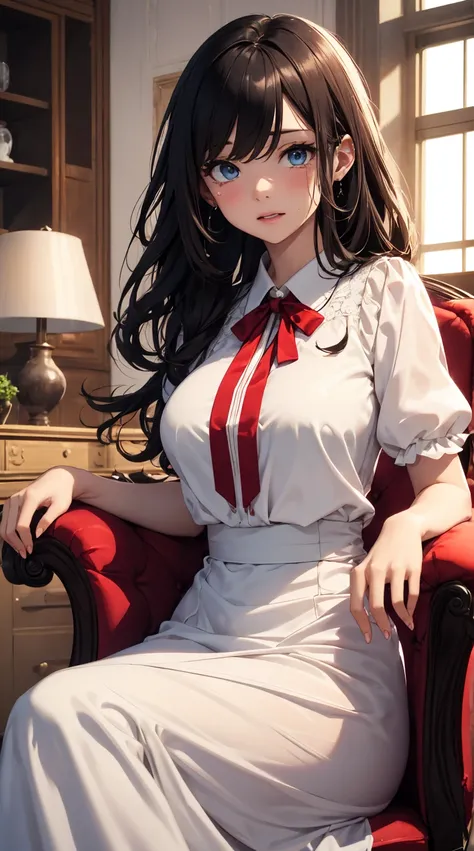 masterpiece,8k,high quality,full body:1.7,clean blue eyes,open red mouth,red tiek,crying cuty face,biggest large brest,tight west,very sparking clothes,biggest large brest,a close up of a woman sitting on a chair wearing a white dress, wearing white silk, ...