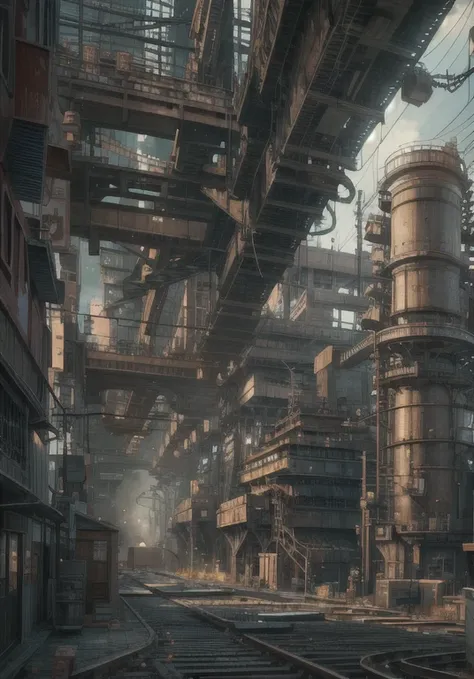 industrial city, surround with a wall, steampunk, rusty and heavy, cigarette, cigarette突, factory, gear, mechanical, tall building, tower, power of steam, steam pipe, street light, (cinematic lighting:0.8, Super detailed, bloom)