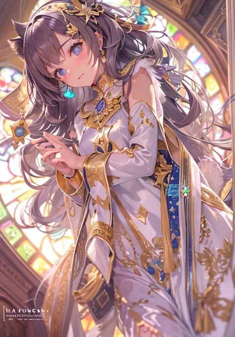 mona lisa, pale colour(Fantasy Sister, robe with gold decoration, offer a prayer, church)super detailed illustrations(colorful stained glass, volume lighting backlight good lighting, colorful refraction)Depth of the bounds written(Highly detailed beautiful...