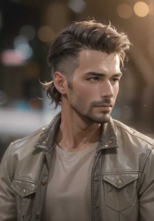 handsome man 25 ～ 35 years old, at the park, Mullet, brown hair, close, Satellite Imagery, Backlight, UHD, high quality, 最high quality, High resolution, 8K, 16k