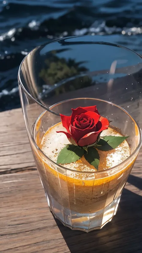 Sunlight in the crystal glass on the seaside, with mountains as background, Regular classical shaped glass, Open from above, below, next to glass, Its a red rose, High quality realistic photography