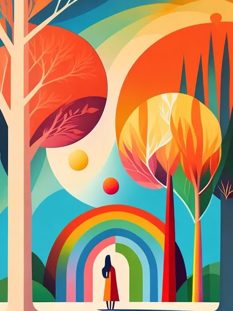 art illustration，rainbow，portrait，trees，rich and colorful, rainbow, small , Contrasting colors, in the spring landscape, icon design, Rozmin trip, vector art, (1 girl), alone，Abstract surreal colors, popular geometric surrealism, rainbow色的梦想