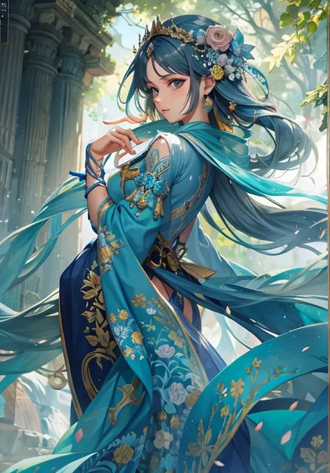 Woman in a blue dress with a long green scarf, beautiful character drawings, beautiful fantasy empress, by ヤン・J, style of art germ, art germ and ruan jia, extremely detailed art germ, trending art germ, art germ. anime illustration, ruan jia and art germ, ...