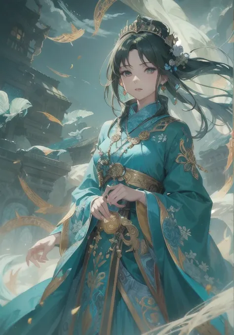 Woman in a blue dress with a long green scarf, beautiful character drawings, beautiful fantasy empress, by ヤン・J, style of art germ, art germ and ruan jia, extremely detailed art germ, trending art germ, art germ. anime illustration, ruan jia and art germ, ...