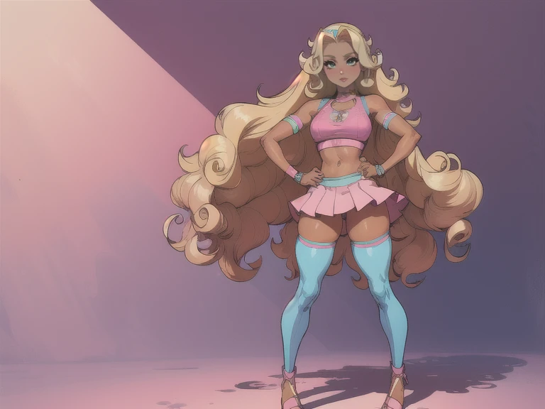 (masterpiece), (best quality), (ultra-detailed), (best illustration),, eyeshadow, tan skin, blond long curly hair, pink croptop, light blue mini skirt, thigh highs, fullbody, standing pose, 