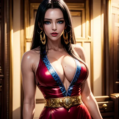 Boa Hancock , earrings, bare shoulders, red dress, red skirt, jewelry, insanely detailed and intricate, High quality, high coherence, anatomically correct, blue eyes, looking at the camera, hypermaximalist, sensual, beautiful, super detailed 