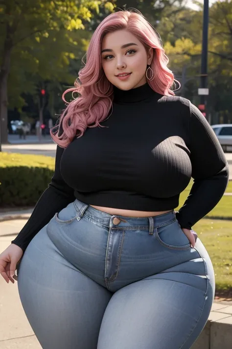 a woman in jeans and a black top standing on a sidewalk, skinny waist and thick hips, she has a jiggly fat round belly, alluring plus sized model, plus size, thicc, beautiful thick female, thick body, plus size woman, plus-sized, thick, thick neck, wearing...