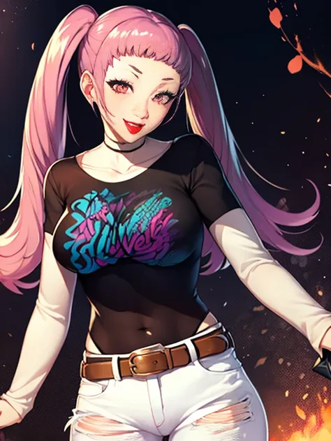 hilda valentine goneril ,smile, twintails, 1girl, solo, standing, black t-shirt, white shirt, jeans, belt, lipstick, large breas...