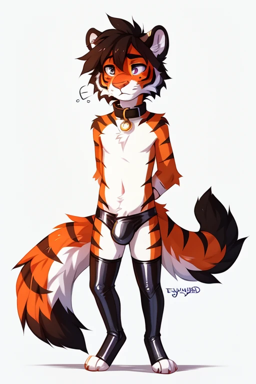 full body，No background, white background, ((by keihound, by reysi)), by Zackary911, by hyattlen, by fumiko, by fluff-kevlar, Furry, Anthro, ((tiger)), ((loose collar)), ((teen)), ((twink)), ((small)), ((bored eyes)), ((annoyed expression)), ((blushing)), ...