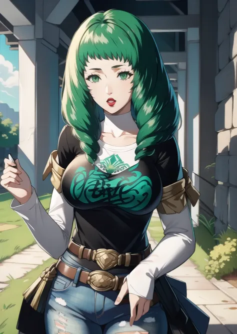 masterpiece, best quality, flayn, green hair, 1girl, solo, standing, black t-shirt, white shirt, jeans, belt, lipstick, large br...