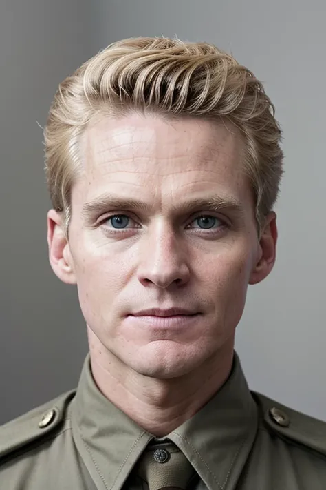 full face portrait photo, nude man, short military style haircut, blonde, clean shave, 19 years old, 25%  Harry Stiles, 25% Mathew Modine, 25% Erik Estrada, 25% Idris Alba, plain neutral background, no shadows, uniform lighting