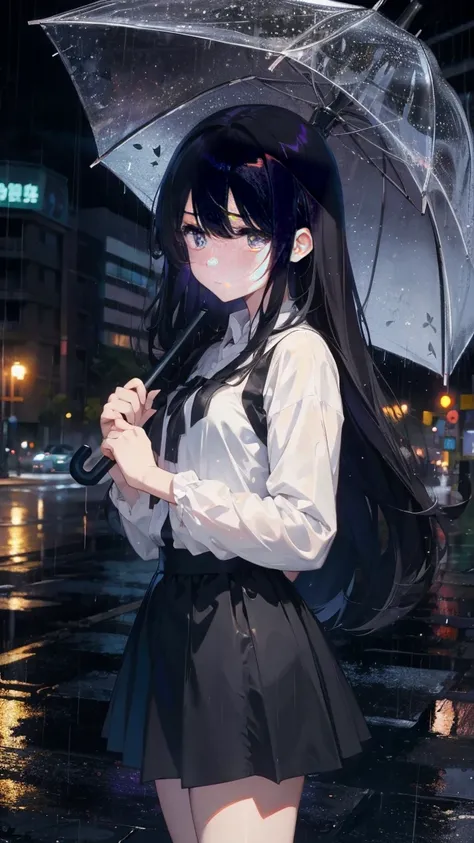 1 anime girl, alone,Black petals flutter, A mysteriously shining butterfly.city,black hair,long hair,thin legs,Gloomy cloudy sky,sad expression,very clear,highest quality,rainy city,have an umbrella,standing on the street corner,Are crying,tears