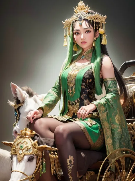 Create fantastic and epic Images A character who is a beautiful and charming Javanese woman, with a sweet smile. Sitting on a chariot pulled by four white horses. This character is wearing traditional Javanese war clothes complete with a small crown and a ...