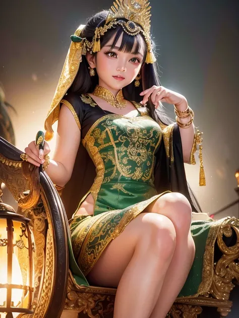 Create fantastic and epic Images A character who is a beautiful and charming Javanese woman, with a sweet smile. Sitting on a chariot pulled by four white horses. This character is wearing traditional Javanese war clothes complete with a small crown and a ...